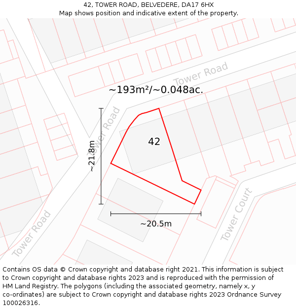42, TOWER ROAD, BELVEDERE, DA17 6HX: Plot and title map