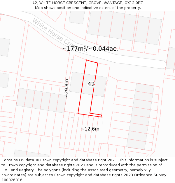 42, WHITE HORSE CRESCENT, GROVE, WANTAGE, OX12 0PZ: Plot and title map