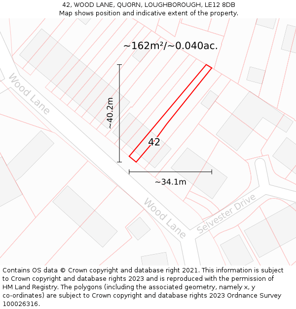 42, WOOD LANE, QUORN, LOUGHBOROUGH, LE12 8DB: Plot and title map