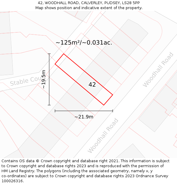 42, WOODHALL ROAD, CALVERLEY, PUDSEY, LS28 5PP: Plot and title map