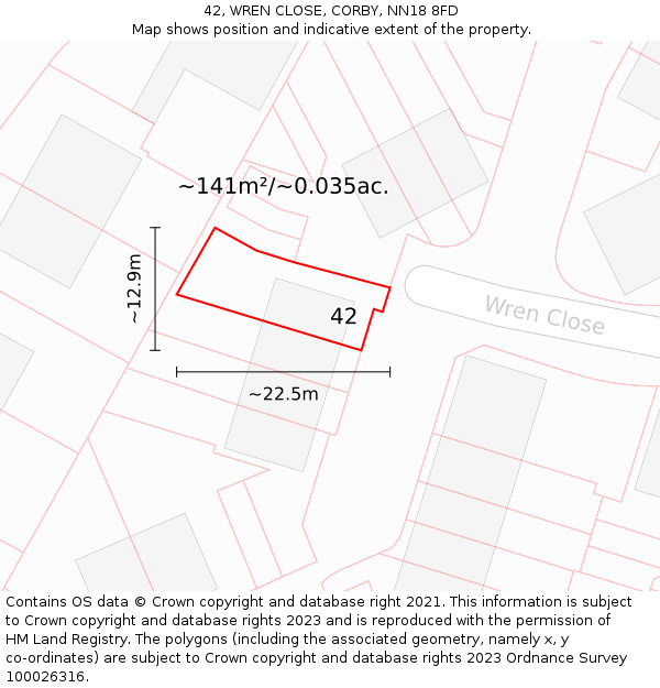 42, WREN CLOSE, CORBY, NN18 8FD: Plot and title map