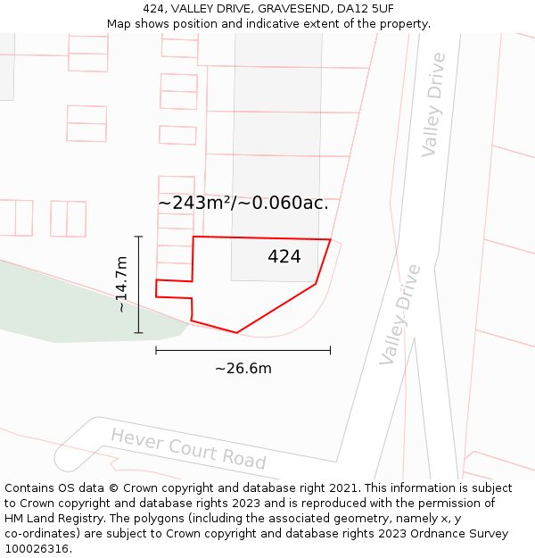 424, VALLEY DRIVE, GRAVESEND, DA12 5UF: Plot and title map