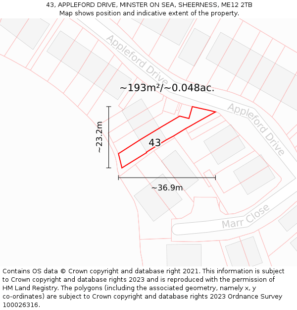 43, APPLEFORD DRIVE, MINSTER ON SEA, SHEERNESS, ME12 2TB: Plot and title map