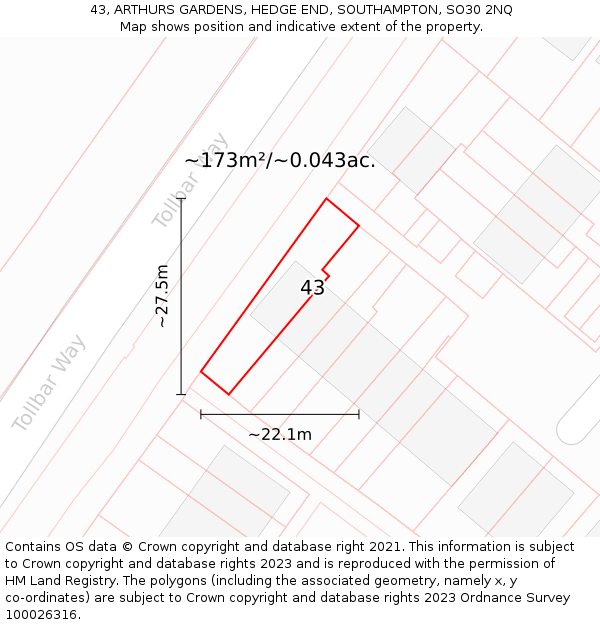 43, ARTHURS GARDENS, HEDGE END, SOUTHAMPTON, SO30 2NQ: Plot and title map