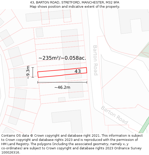 43, BARTON ROAD, STRETFORD, MANCHESTER, M32 9FA: Plot and title map