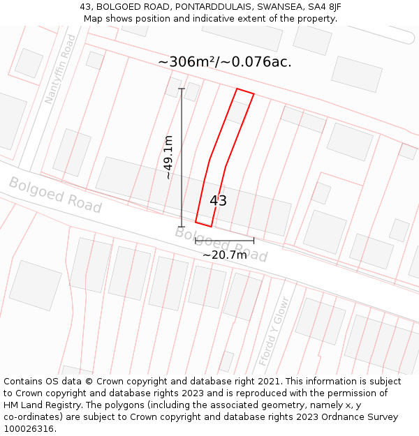 43, BOLGOED ROAD, PONTARDDULAIS, SWANSEA, SA4 8JF: Plot and title map