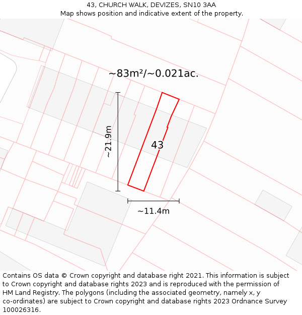 43, CHURCH WALK, DEVIZES, SN10 3AA: Plot and title map