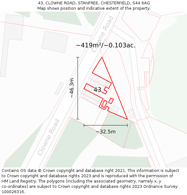 43, CLOWNE ROAD, STANFREE, CHESTERFIELD, S44 6AG: Plot and title map