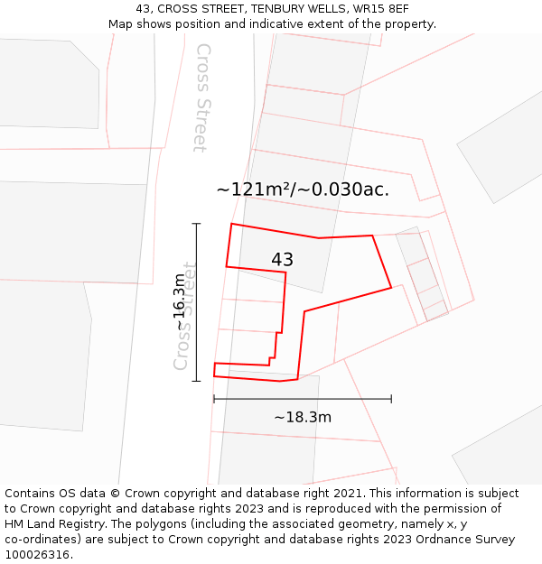 43, CROSS STREET, TENBURY WELLS, WR15 8EF: Plot and title map