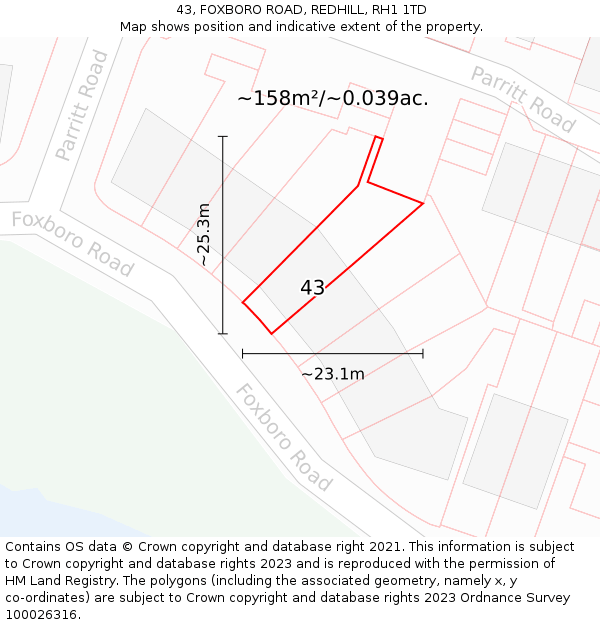 43, FOXBORO ROAD, REDHILL, RH1 1TD: Plot and title map