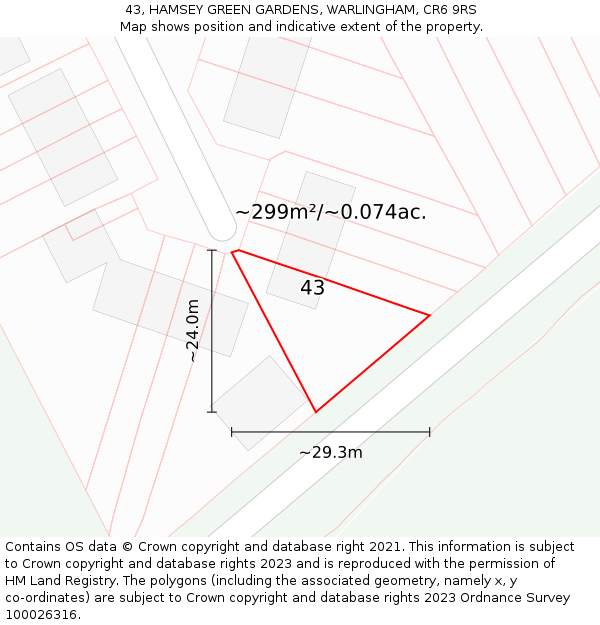 43, HAMSEY GREEN GARDENS, WARLINGHAM, CR6 9RS: Plot and title map