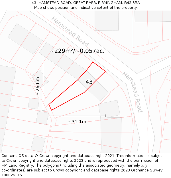 43, HAMSTEAD ROAD, GREAT BARR, BIRMINGHAM, B43 5BA: Plot and title map