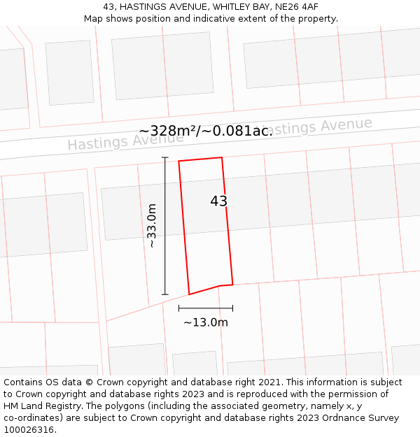 43, HASTINGS AVENUE, WHITLEY BAY, NE26 4AF: Plot and title map