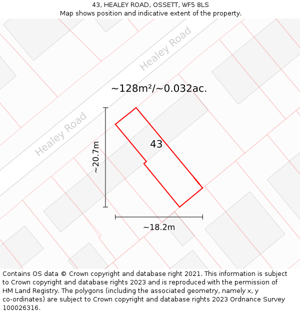 43, HEALEY ROAD, OSSETT, WF5 8LS: Plot and title map