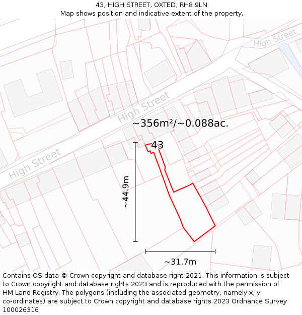 43, HIGH STREET, OXTED, RH8 9LN: Plot and title map