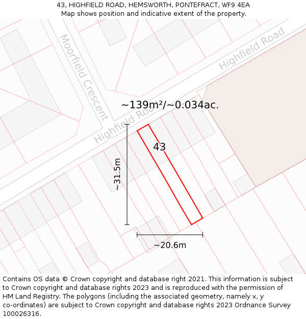 43, HIGHFIELD ROAD, HEMSWORTH, PONTEFRACT, WF9 4EA: Plot and title map
