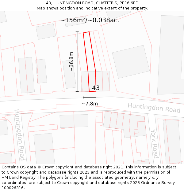 43, HUNTINGDON ROAD, CHATTERIS, PE16 6ED: Plot and title map