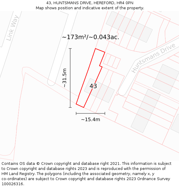 43, HUNTSMANS DRIVE, HEREFORD, HR4 0PN: Plot and title map