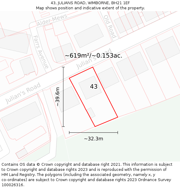 43, JULIANS ROAD, WIMBORNE, BH21 1EF: Plot and title map