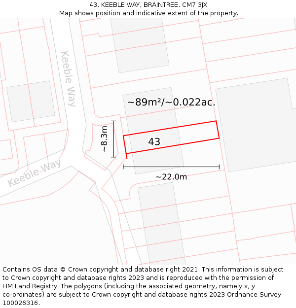 43, KEEBLE WAY, BRAINTREE, CM7 3JX: Plot and title map
