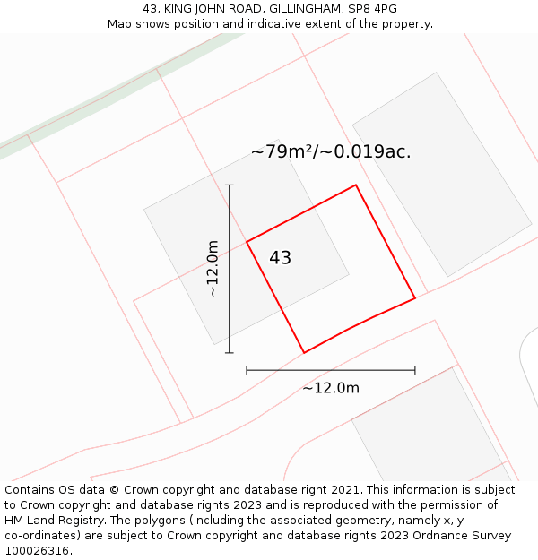 43, KING JOHN ROAD, GILLINGHAM, SP8 4PG: Plot and title map