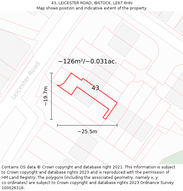 43, LEICESTER ROAD, IBSTOCK, LE67 6HN: Plot and title map