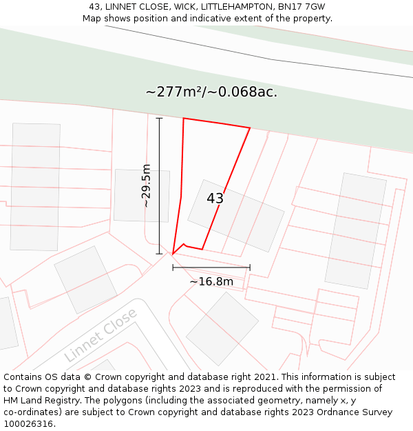 43, LINNET CLOSE, WICK, LITTLEHAMPTON, BN17 7GW: Plot and title map
