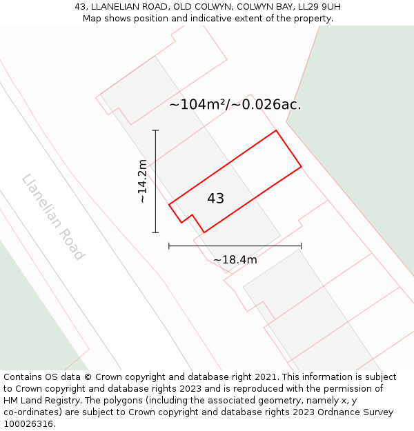 43, LLANELIAN ROAD, OLD COLWYN, COLWYN BAY, LL29 9UH: Plot and title map