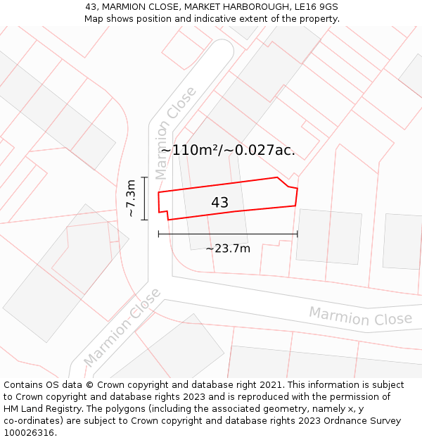 43, MARMION CLOSE, MARKET HARBOROUGH, LE16 9GS: Plot and title map