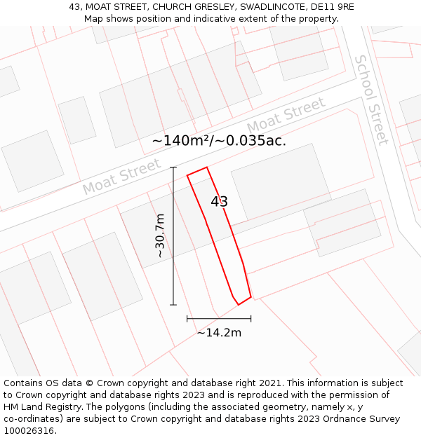 43, MOAT STREET, CHURCH GRESLEY, SWADLINCOTE, DE11 9RE: Plot and title map