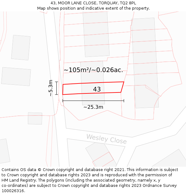 43, MOOR LANE CLOSE, TORQUAY, TQ2 8PL: Plot and title map