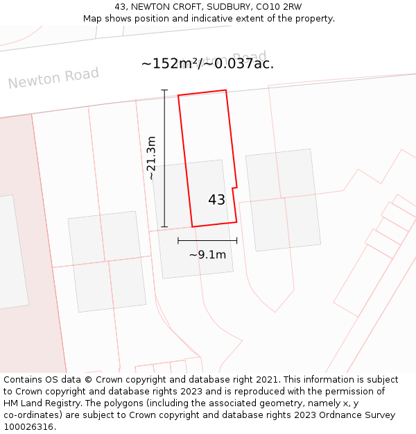 43, NEWTON CROFT, SUDBURY, CO10 2RW: Plot and title map