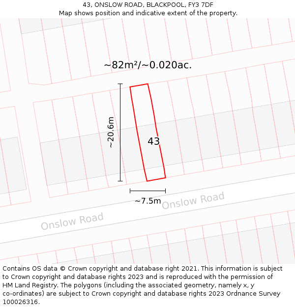 43, ONSLOW ROAD, BLACKPOOL, FY3 7DF: Plot and title map