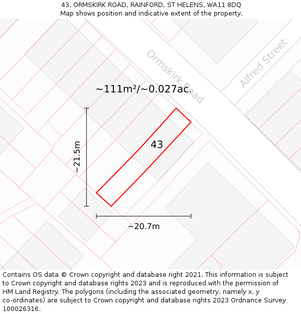 43, ORMSKIRK ROAD, RAINFORD, ST HELENS, WA11 8DQ: Plot and title map