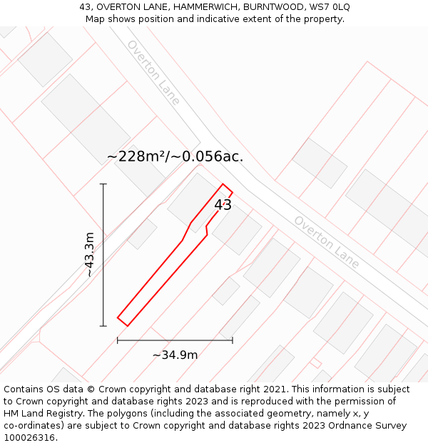43, OVERTON LANE, HAMMERWICH, BURNTWOOD, WS7 0LQ: Plot and title map