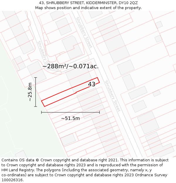43, SHRUBBERY STREET, KIDDERMINSTER, DY10 2QZ: Plot and title map