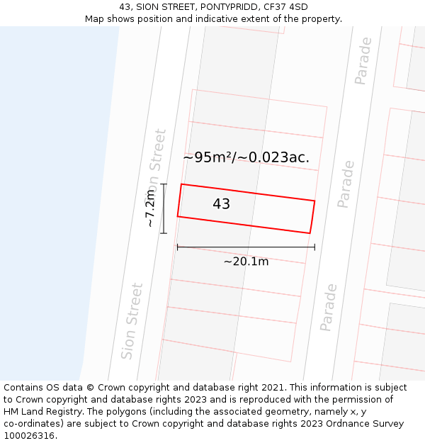 43, SION STREET, PONTYPRIDD, CF37 4SD: Plot and title map