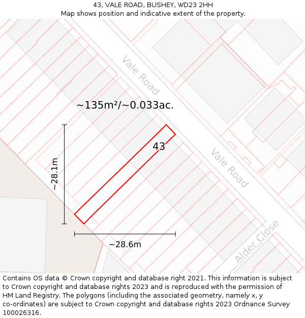 43, VALE ROAD, BUSHEY, WD23 2HH: Plot and title map