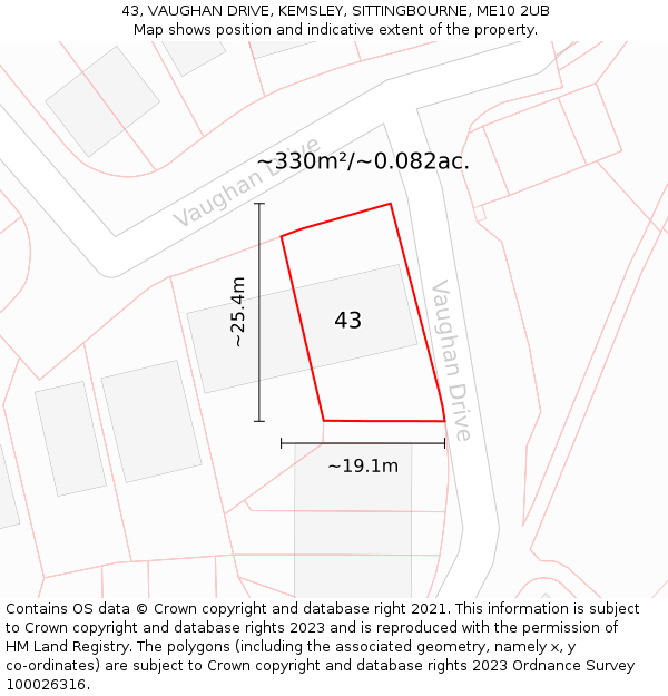 43, VAUGHAN DRIVE, KEMSLEY, SITTINGBOURNE, ME10 2UB: Plot and title map