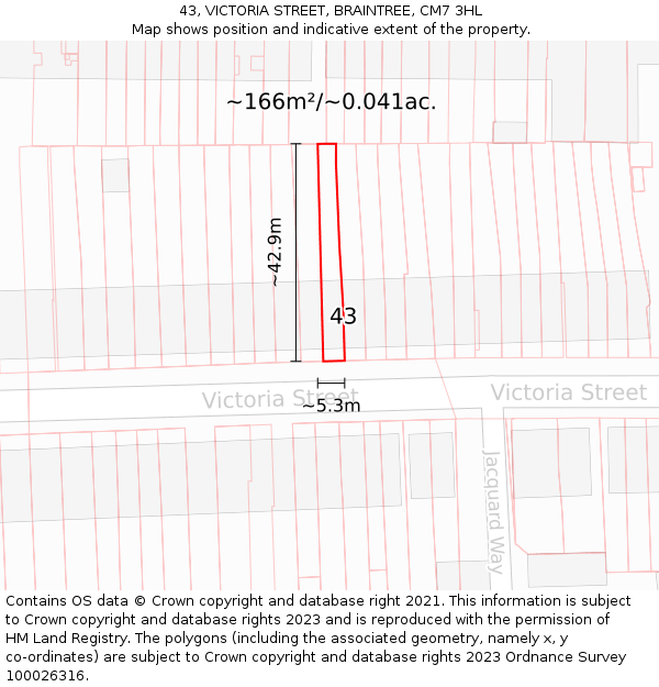 43, VICTORIA STREET, BRAINTREE, CM7 3HL: Plot and title map