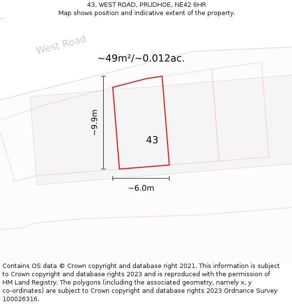 43, WEST ROAD, PRUDHOE, NE42 6HR: Plot and title map