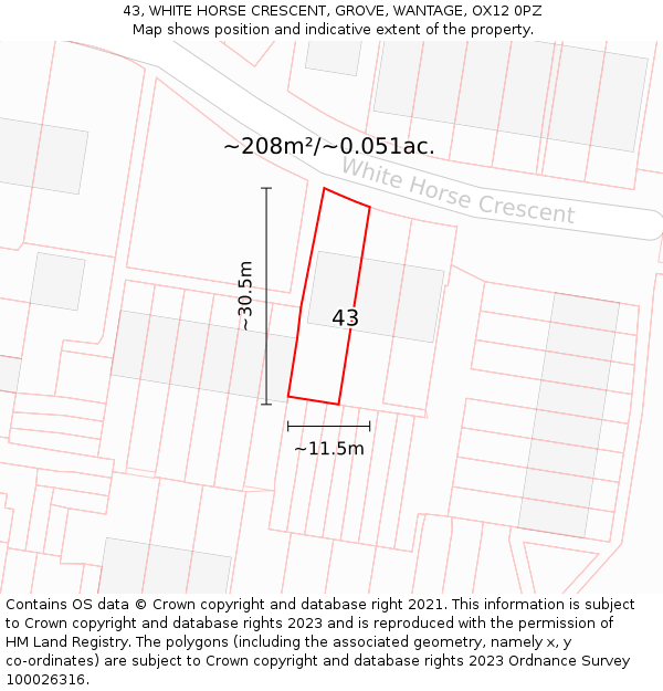 43, WHITE HORSE CRESCENT, GROVE, WANTAGE, OX12 0PZ: Plot and title map