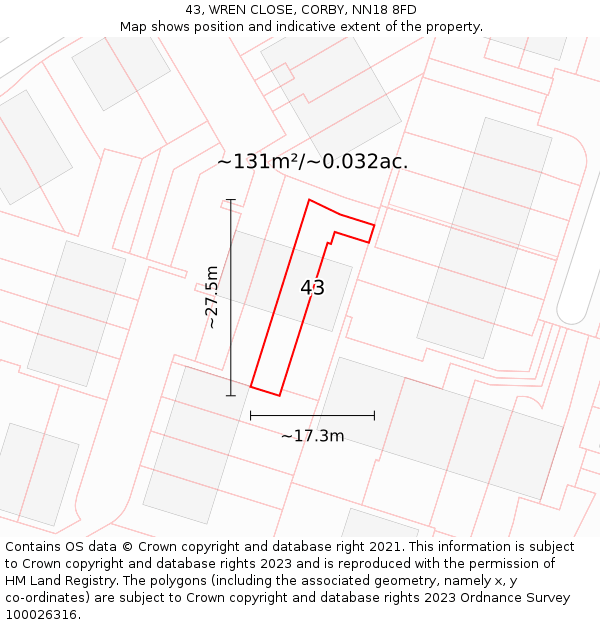 43, WREN CLOSE, CORBY, NN18 8FD: Plot and title map