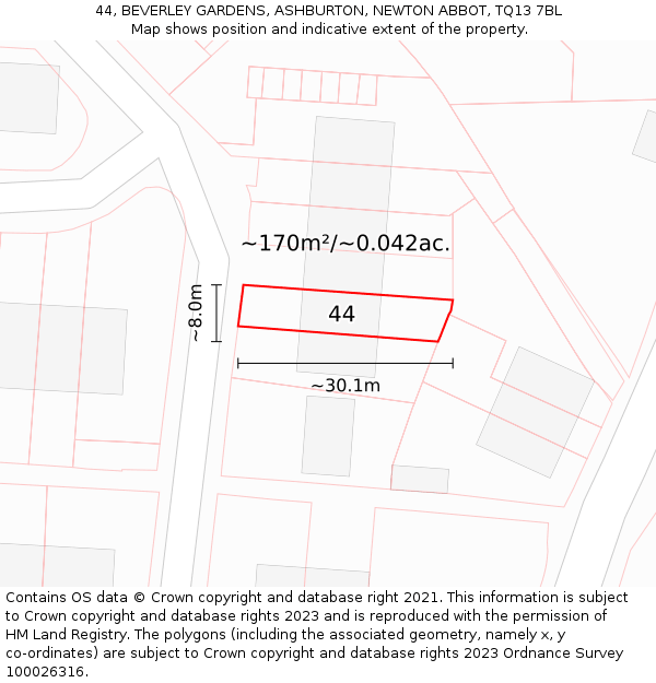 44, BEVERLEY GARDENS, ASHBURTON, NEWTON ABBOT, TQ13 7BL: Plot and title map