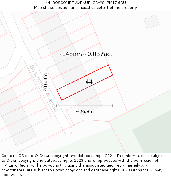 44, BOSCOMBE AVENUE, GRAYS, RM17 6DU: Plot and title map