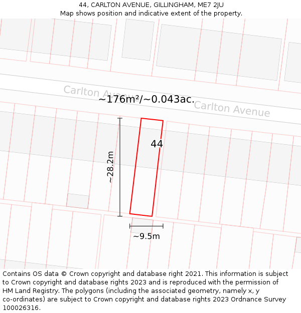 44, CARLTON AVENUE, GILLINGHAM, ME7 2JU: Plot and title map