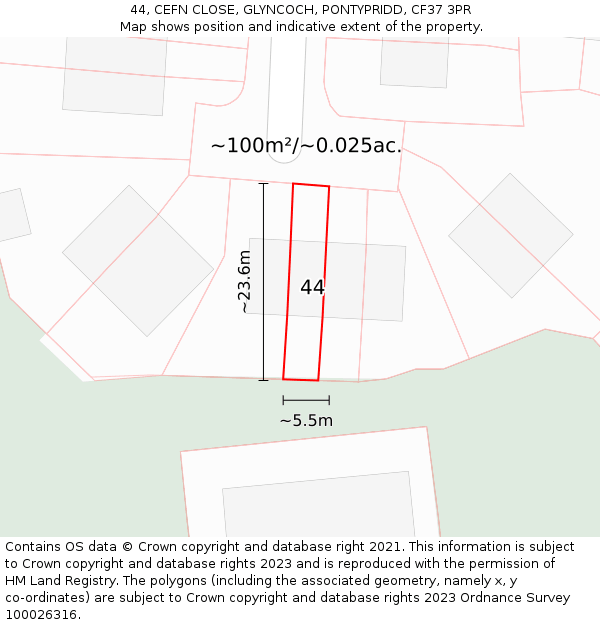 44, CEFN CLOSE, GLYNCOCH, PONTYPRIDD, CF37 3PR: Plot and title map