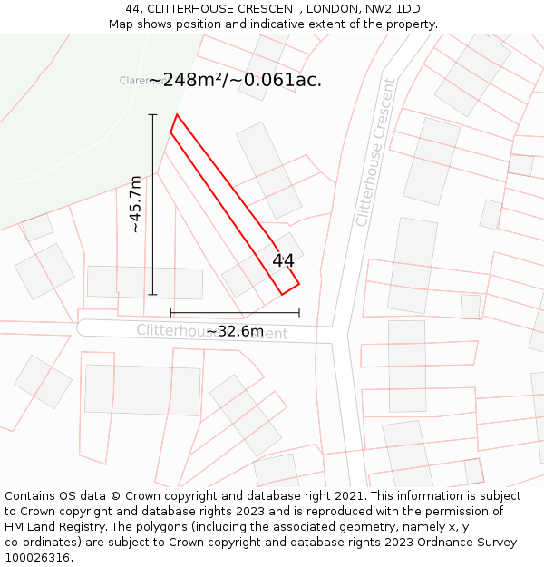 44, CLITTERHOUSE CRESCENT, LONDON, NW2 1DD: Plot and title map