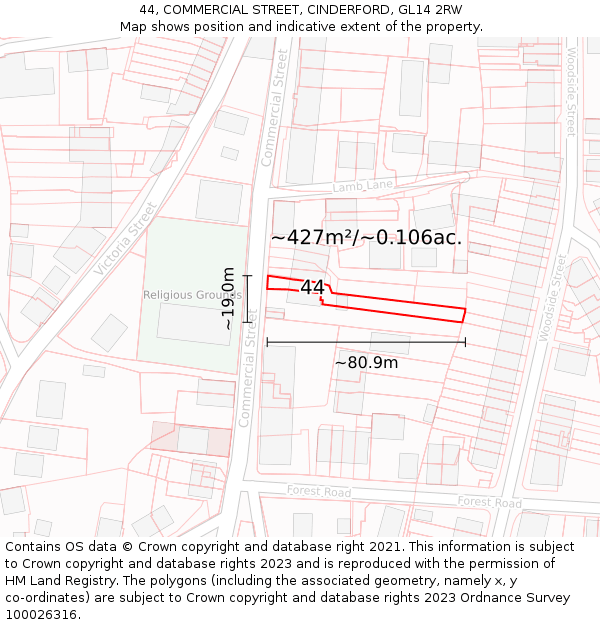 44, COMMERCIAL STREET, CINDERFORD, GL14 2RW: Plot and title map