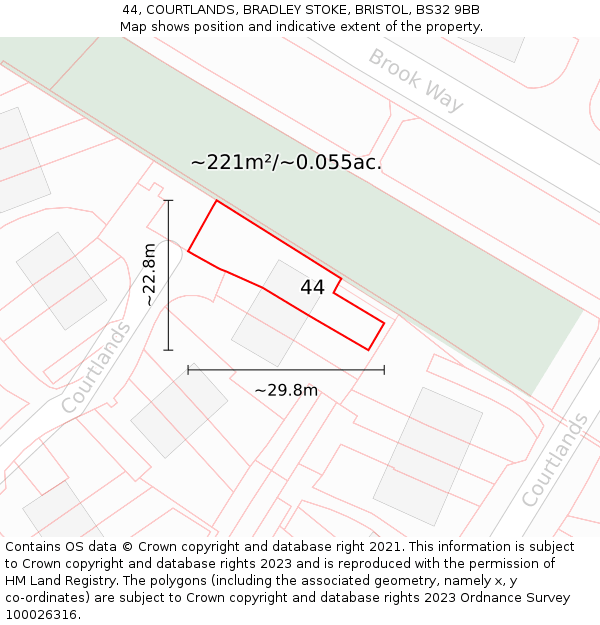 44, COURTLANDS, BRADLEY STOKE, BRISTOL, BS32 9BB: Plot and title map